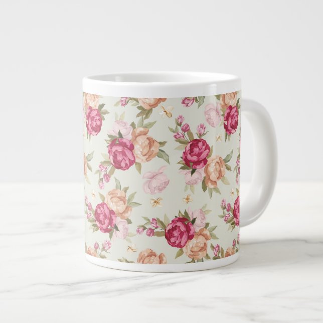 Beautiful colour peony pattern on green large coffee mug (Front Right)