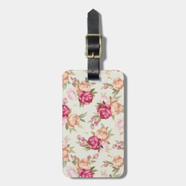 Beautiful colour peony pattern on green luggage tag (Front Vertical)