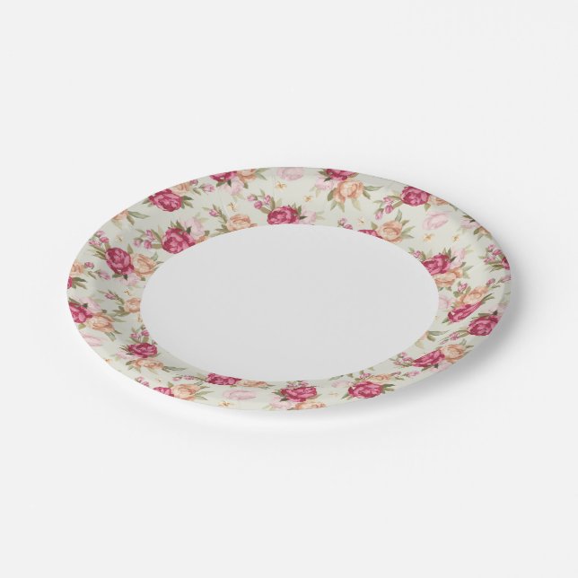 Beautiful colour peony pattern on green paper plate (Angled)
