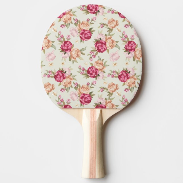 Beautiful colour peony pattern on green ping pong paddle (Front)
