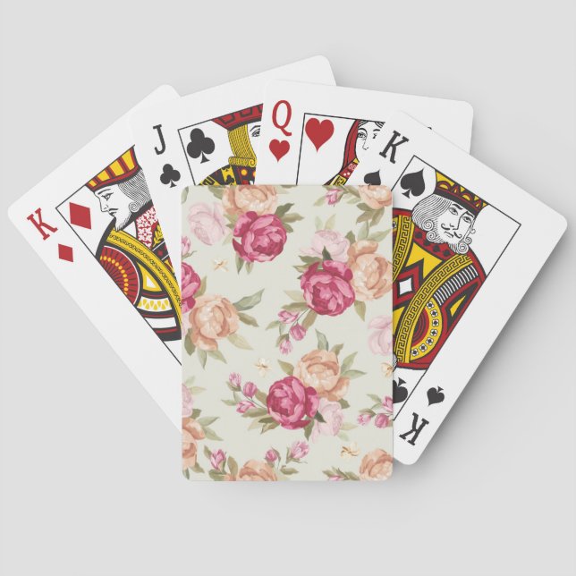 Beautiful colour peony pattern on green playing cards (Back)
