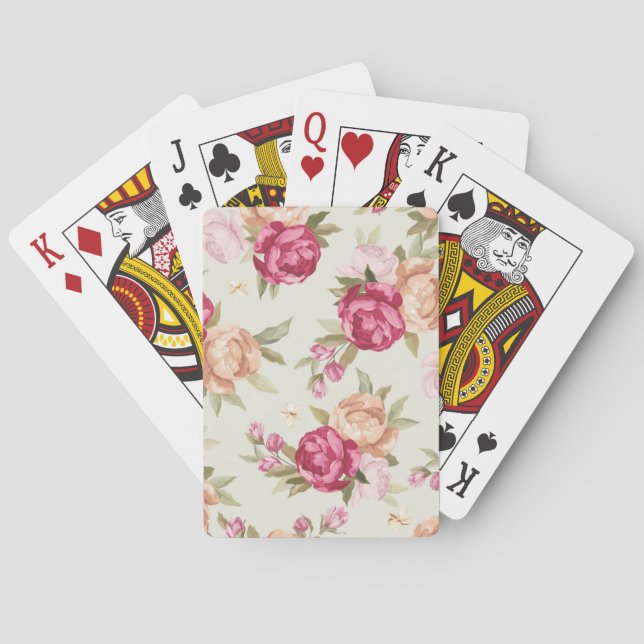 Beautiful colour peony pattern on green playing cards (Back)