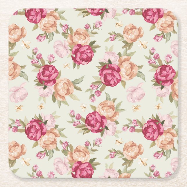 Beautiful colour peony pattern on green square paper coaster (Front)