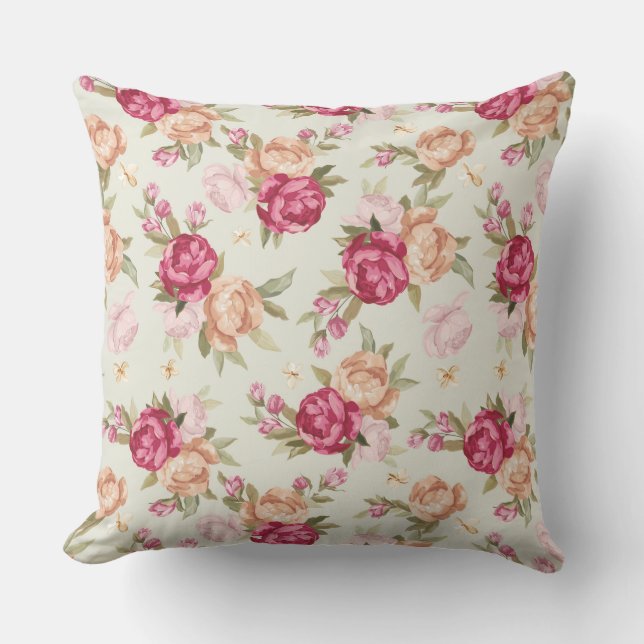 Beautiful colour peony pattern on green throw pillow (Front)