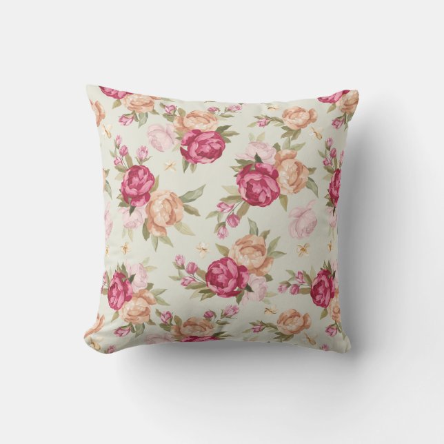 Beautiful colour peony pattern on green throw pillow (Front)