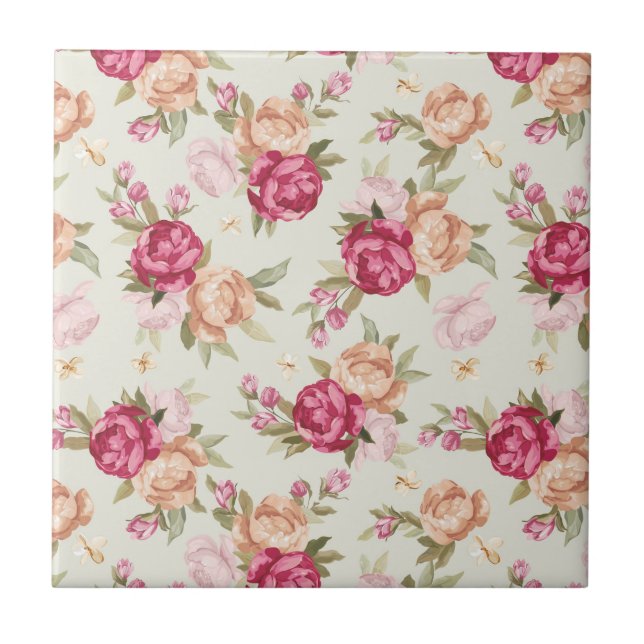 Beautiful colour peony pattern on green tile (Front)