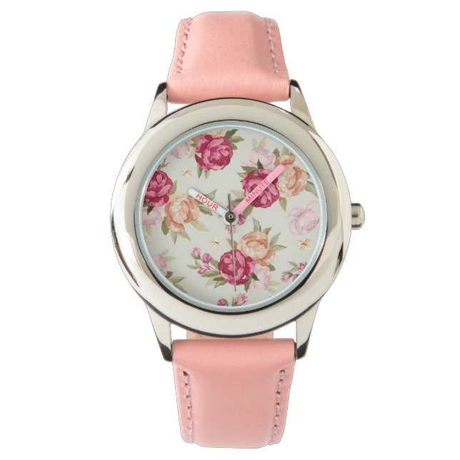 Beautiful colour peony pattern on green watch (Front)