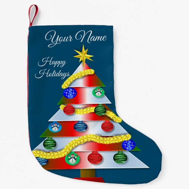Beautiful Colourful Christmas Tree Blue Small Christmas Stocking (Front)