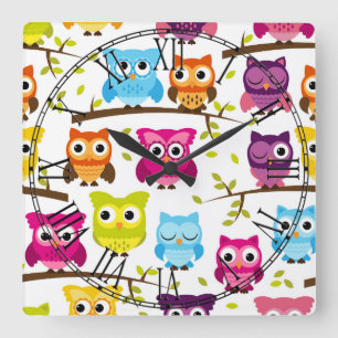 Beautiful Colourful Custom Owl Square Wall Clock