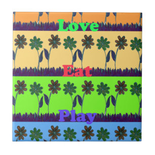 Beautiful colourful Eat Love Play text Floral Pop Tile