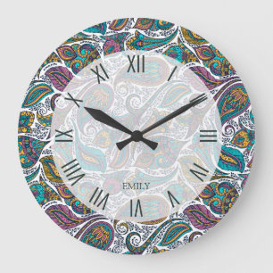 Beautiful colourful ethnic paisley pattern large clock