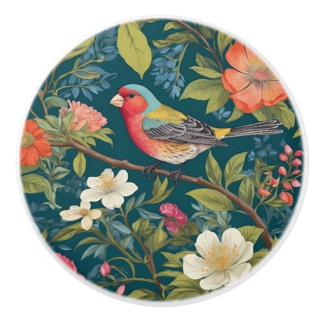 Beautiful Colourful Finch Bird Botanical Ceramic Knob (Front)