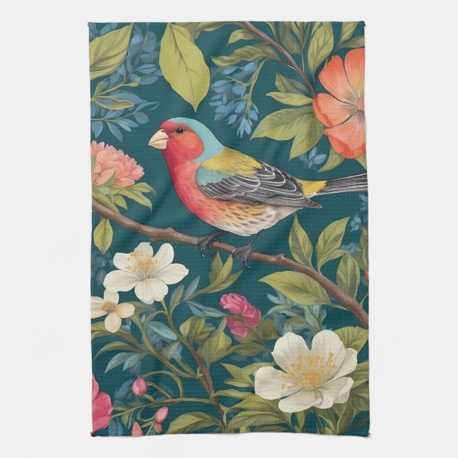 Beautiful Colourful Finch Bird Botanical Kitchen Towel (Vertical)