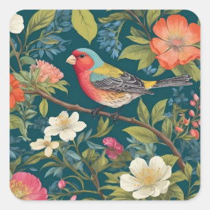 Beautiful Colourful Finch Bird Botanical Square Sticker