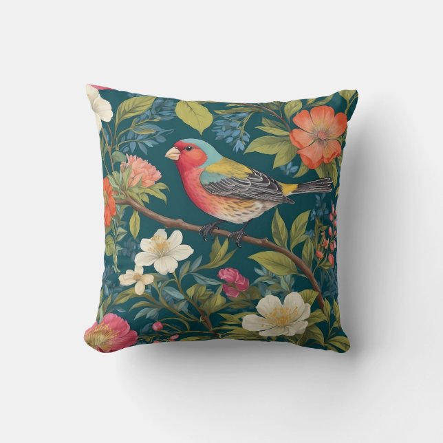 Beautiful Colourful Finch Bird Botanical Throw Pillow (Front)