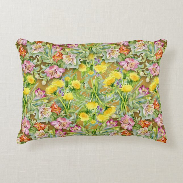 Beautiful Colourful Floral Pattern Pink Yellow  Accent Pillow (Front)