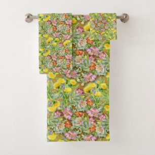 Beautiful Colourful Floral Pattern Pink Yellow Bath Towel Set