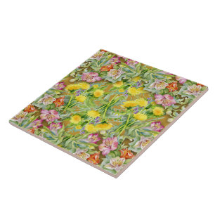 Beautiful Colourful Floral Pattern Pink Yellow Tile