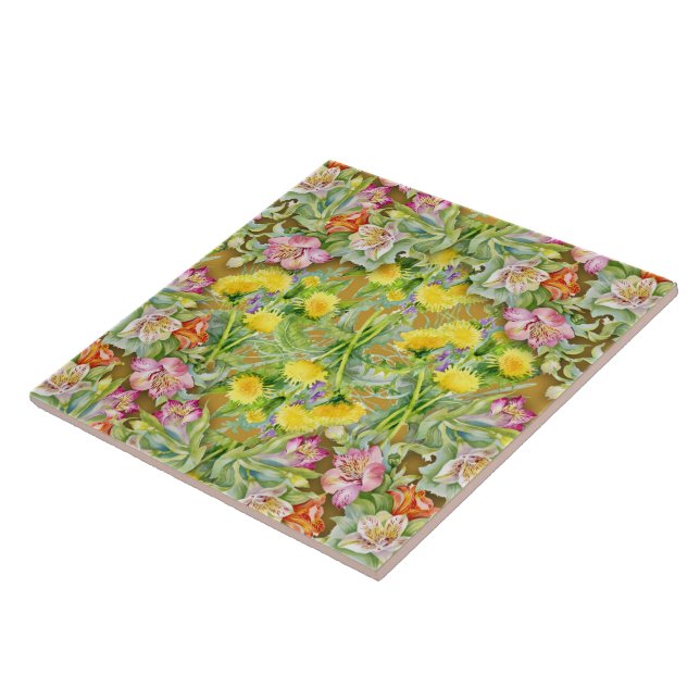 Beautiful Colourful Floral Pattern Pink Yellow  Tile (Side)