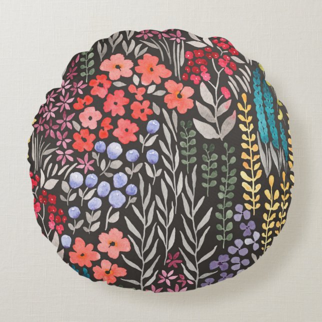 Beautiful colourful flowers garden seamless patter round pillow (Front)