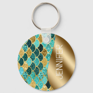 Beautiful Colourful Mermaid Gold Scales Monogram Keychain