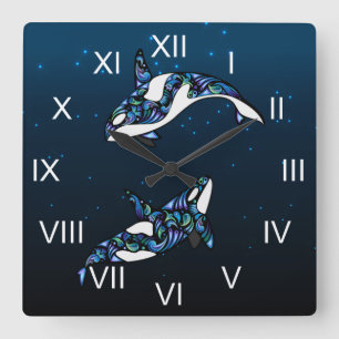 Beautiful Colourful Orca Whales Beach Square Wall Clock