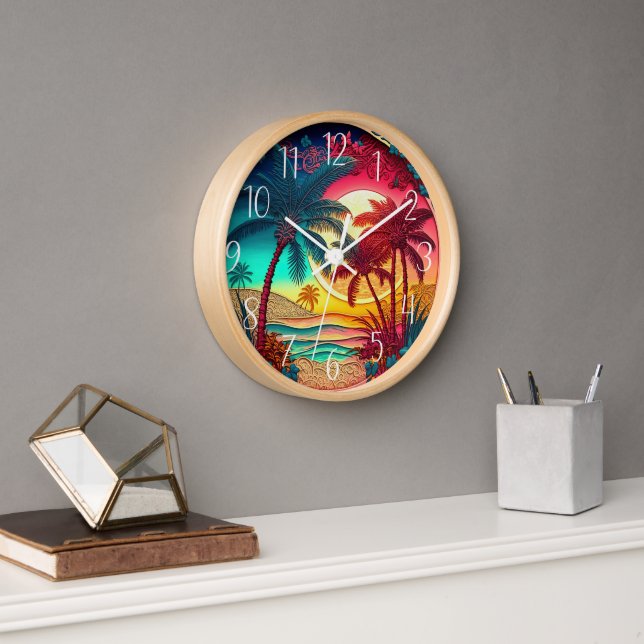 beautiful colourful palm trees beach house clock (Office)