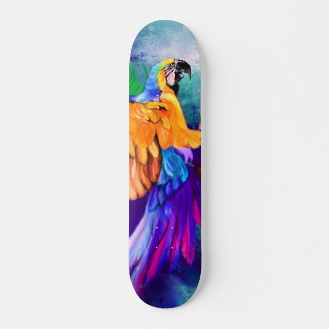 Beautiful Colourful Parrot - Migned Watercolor  Skateboard (Front)