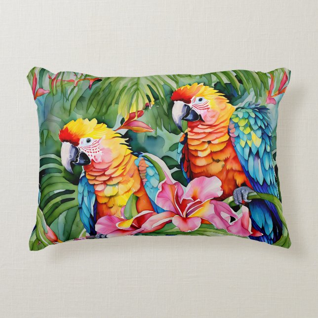 Beautiful Colourful Parrots and Tropical Flowers Accent Pillow (Front)