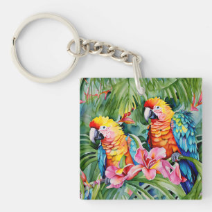Beautiful Colourful Parrots and Tropical Flowers Keychain