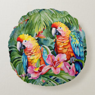 Beautiful Colourful Parrots and Tropical Flowers Round Pillow