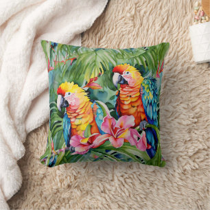 Beautiful Colourful Parrots and Tropical Flowers Throw Pillow