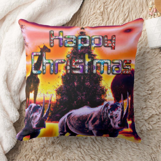 Beautiful Colourful Rhinos Christmas Sunset Sky Throw Pillow (Blanket)