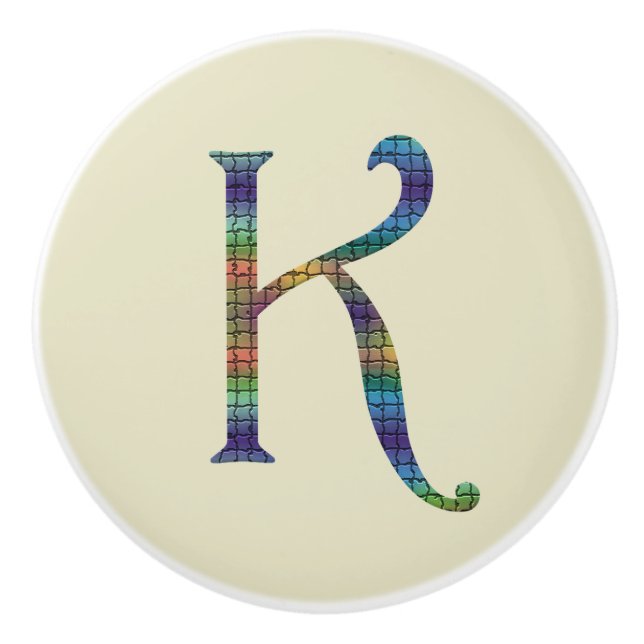 Beautiful Colourful Tile Letter K Initial Monogram Ceramic Knob (Front)