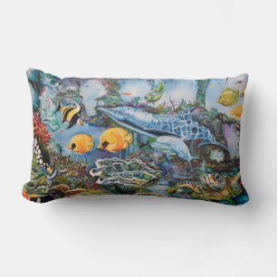 Beautiful Colourful Undersea Fish Sea Turtle Scene Lumbar Pillow