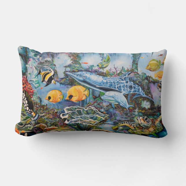 Beautiful Colourful Undersea Fish Sea Turtle Scene Lumbar Pillow (Front)