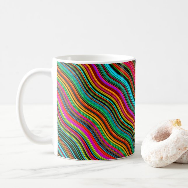 Beautiful Colourful Wavy Stripe Pattern Coffee Mug (With Donut)