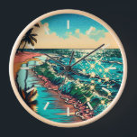Beautiful Comic Pop Art Style Beach Scene Clock<br><div class="desc">Beautiful blue ocean waves on a sandy beach with a pretty reflection in the water. Palm trees and sparkling water and a cloudy sky.</div>