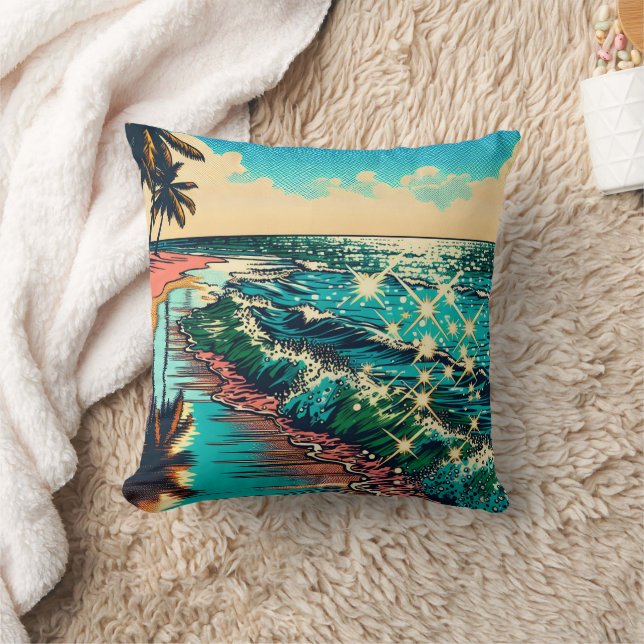 Beautiful Comic Pop Art Style Beach Scene Throw Pillow (Blanket)