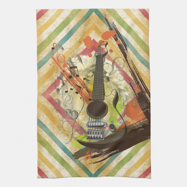 Beautiful cool vintage guitar music notes kitchen towel (Vertical)
