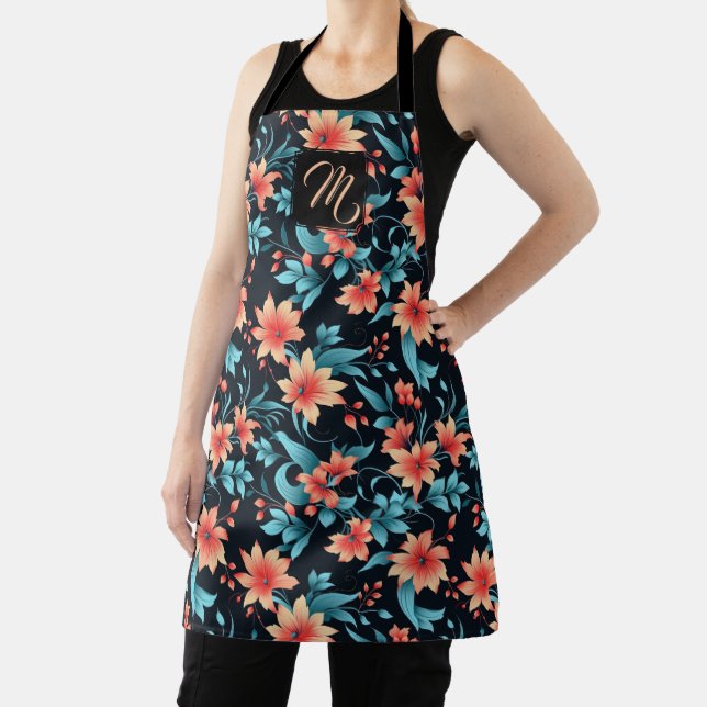 Beautiful Coral and Teal Floral Pattern Apron (Insitu)