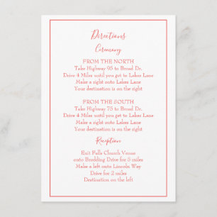 Beautiful coral and white directions  enclosure card
