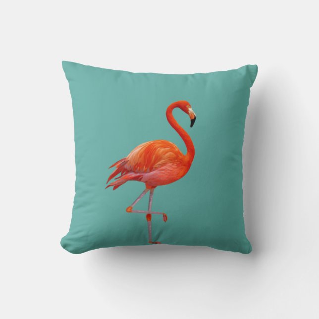 Beautiful Coral Pink Flamingo on Teal Throw Pillow (Front)