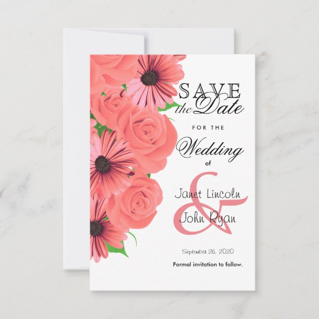 Beautiful Coral Rose & Daisy - Save The Date (Front)