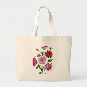 Beautiful Cosmos Flowers in Crewel Embroidery Large Tote Bag