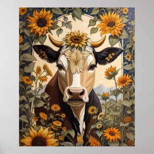 Beautiful Countryside Cow Sunflower Decorative  Poster