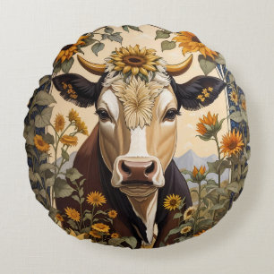 Beautiful Countryside Cow Sunflower Decorative Round Pillow