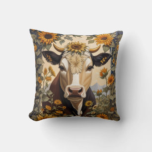 Beautiful Countryside Cow Sunflower Decorative Throw Pillow
