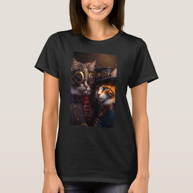 Beautiful couple of Steampunk cats cat kitten anim T-Shirt (Front)