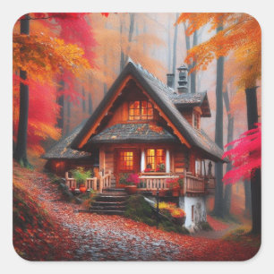 Beautiful Cozy cabin with Autumn leaves Square Sticker